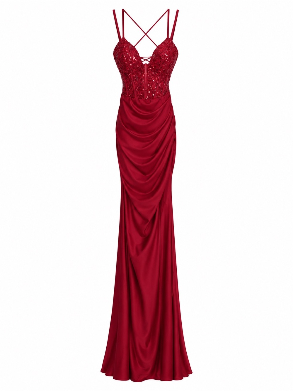 Windsor Red Lace Bodice Satin Maxi Dress with Crisscross Straps